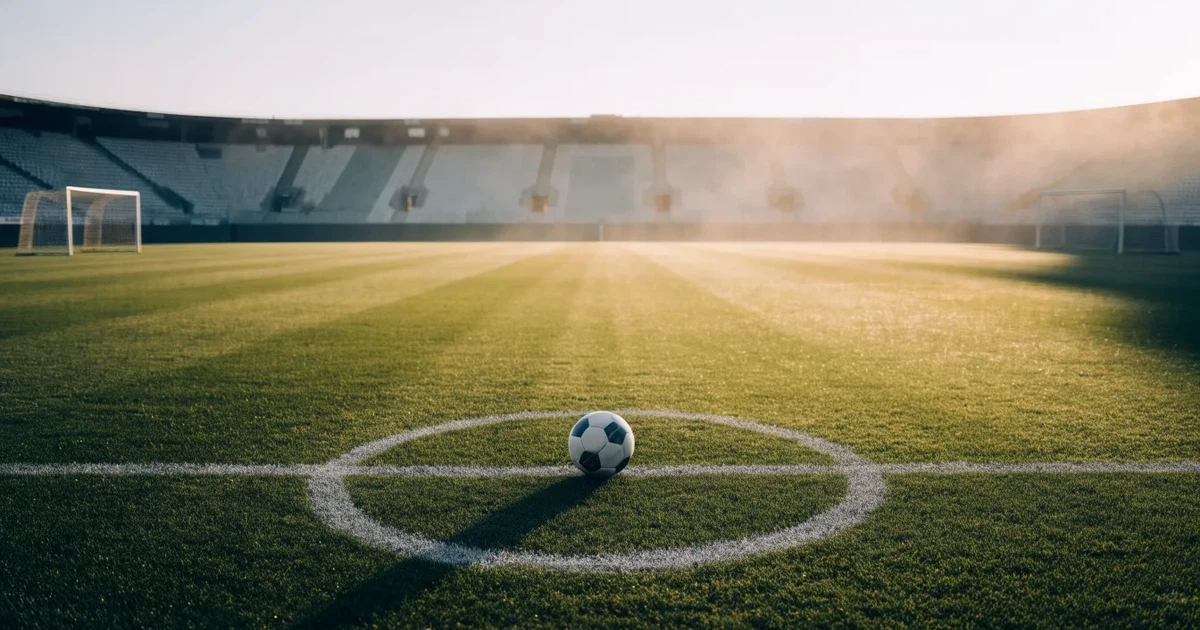 Uma bola de futebol no ponto central de um relvado, à luz da manhã