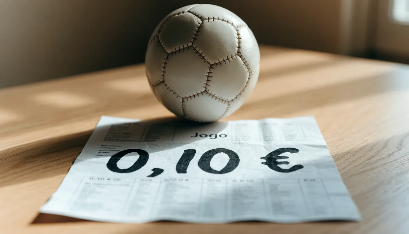 Uma bola de futebol pousada sobre um talão de apostas em branco numa mesa de madeira, à luz do dia