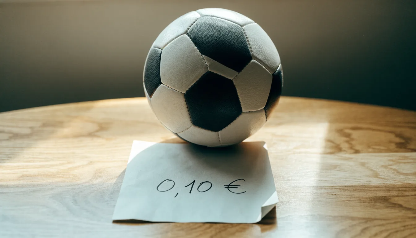 Uma bola de futebol pousada sobre um talão de apostas em branco numa mesa de madeira, à luz do dia