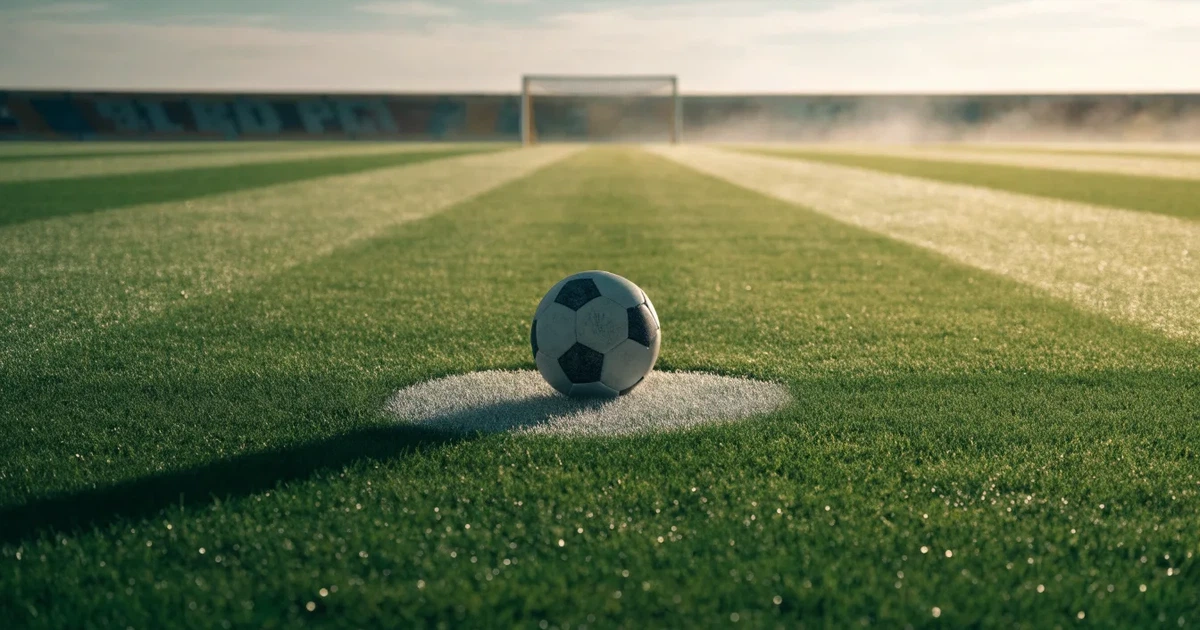 Uma bola de futebol no ponto central de um relvado, à luz da manhã