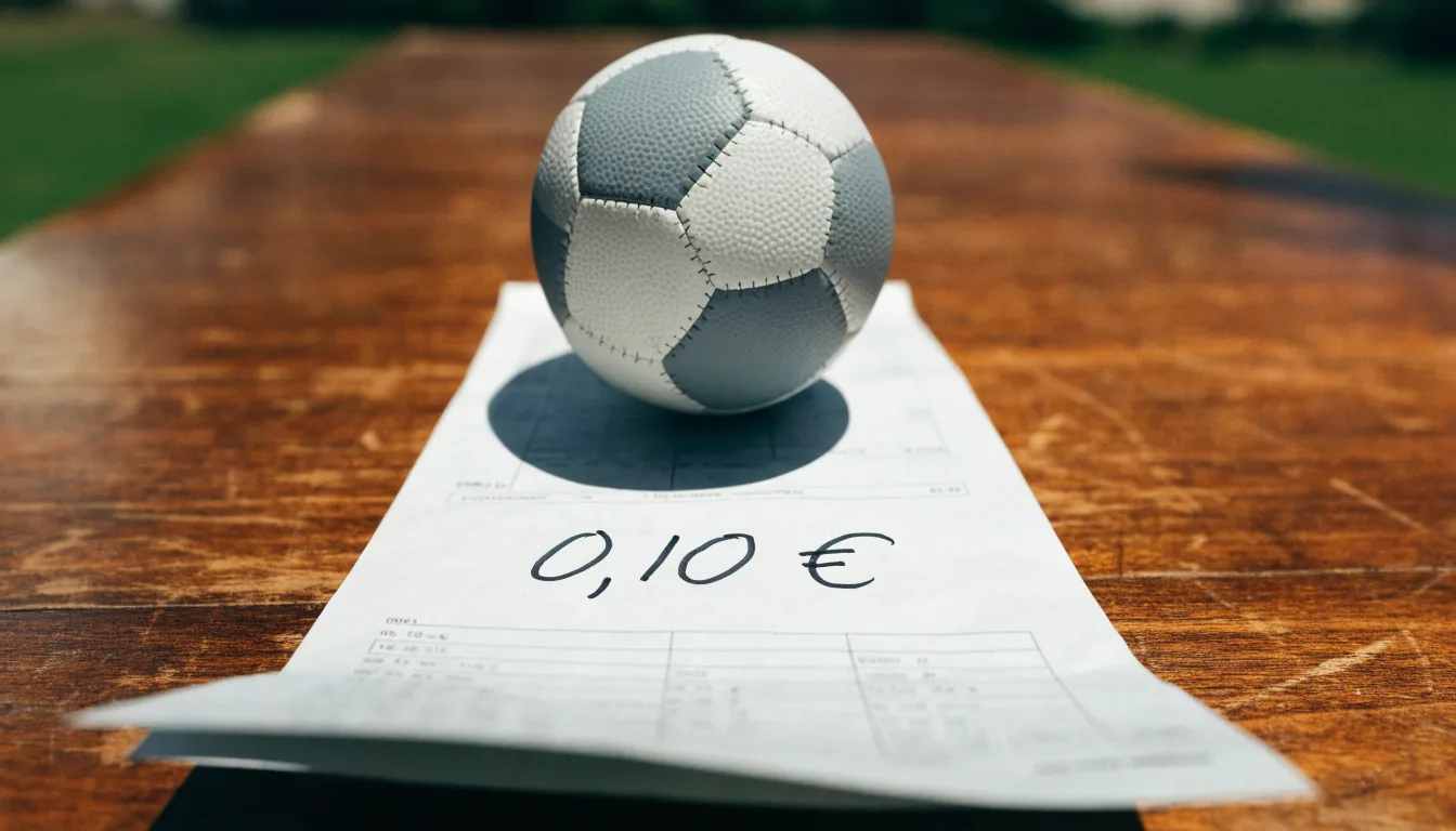 Uma bola de futebol pousada sobre um talão de apostas em branco numa mesa de madeira, à luz do dia