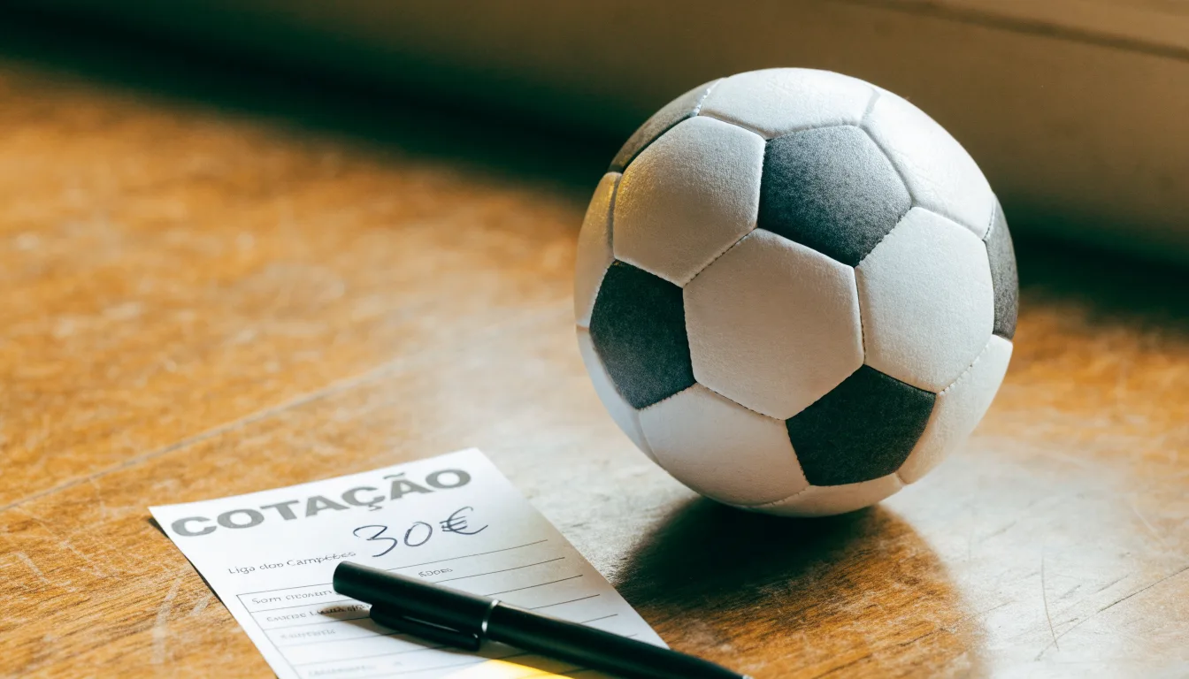 Uma bola de futebol pousada sobre um talão de apostas em branco numa mesa de madeira, à luz do dia