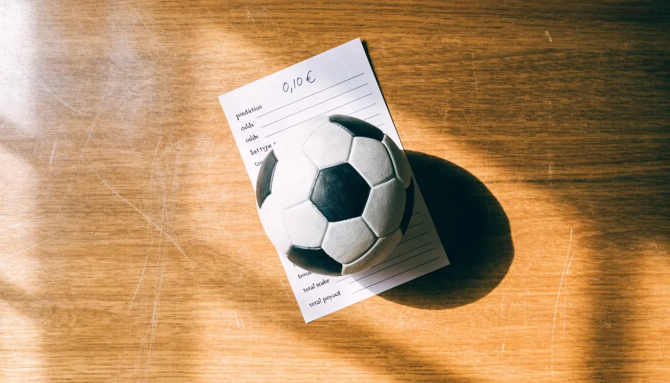 Uma bola de futebol pousada sobre um talão de apostas em branco numa mesa de madeira, à luz do dia