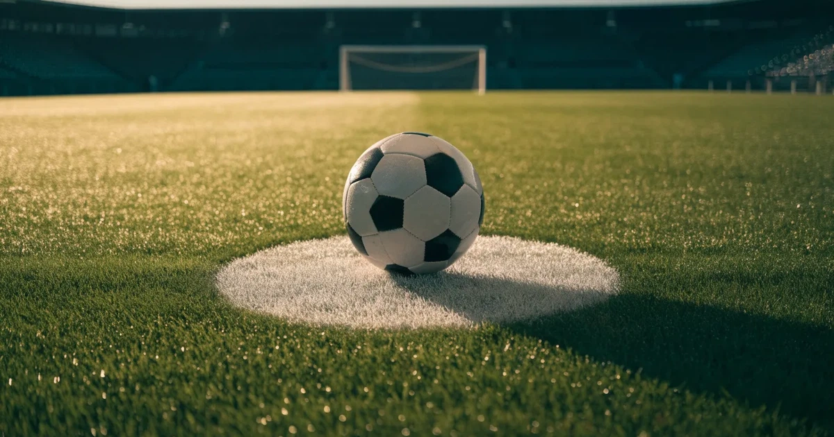 Uma bola de futebol no ponto central de um relvado, à luz da manhã
