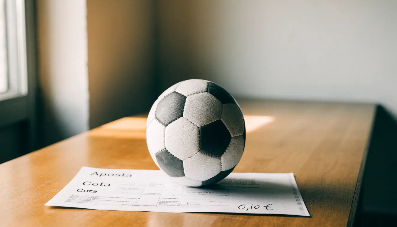 Uma bola de futebol pousada sobre um talão de apostas em branco numa mesa de madeira, à luz do dia