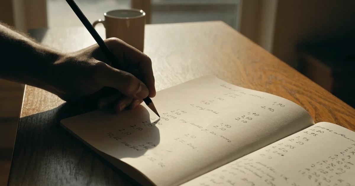 Um caderno aberto com cotas escritas à mão, uma calculadora e um lápis sobre uma mesa de madeira