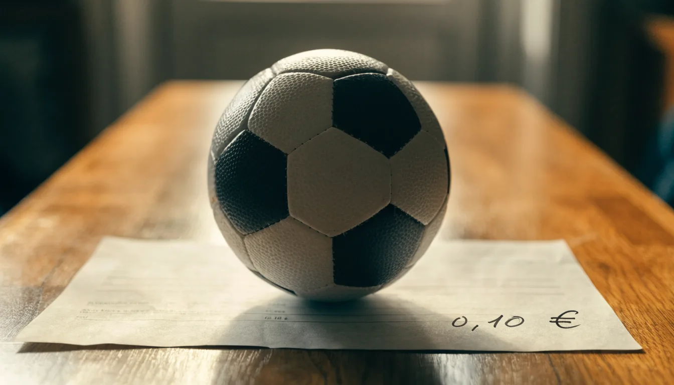 Uma bola de futebol pousada sobre um talão de apostas em branco numa mesa de madeira, à luz do dia