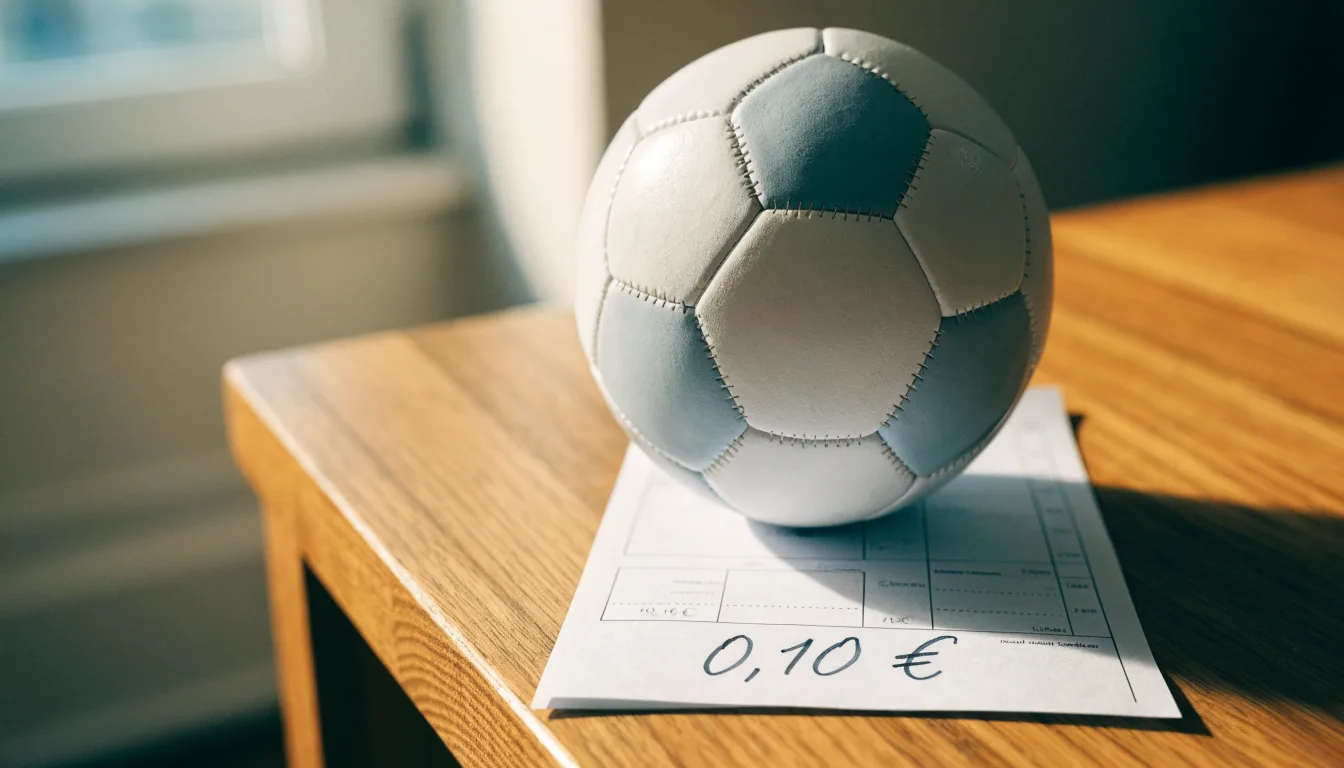 Uma bola de futebol pousada sobre um talão de apostas em branco numa mesa de madeira, à luz do dia