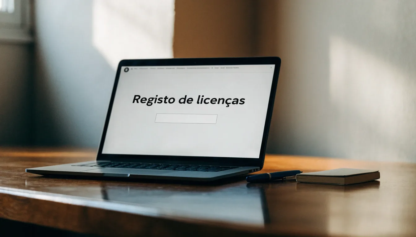 Uma folha de licença em papel com um selo vermelho, pousada numa secretária de madeira ao lado de uma caneta