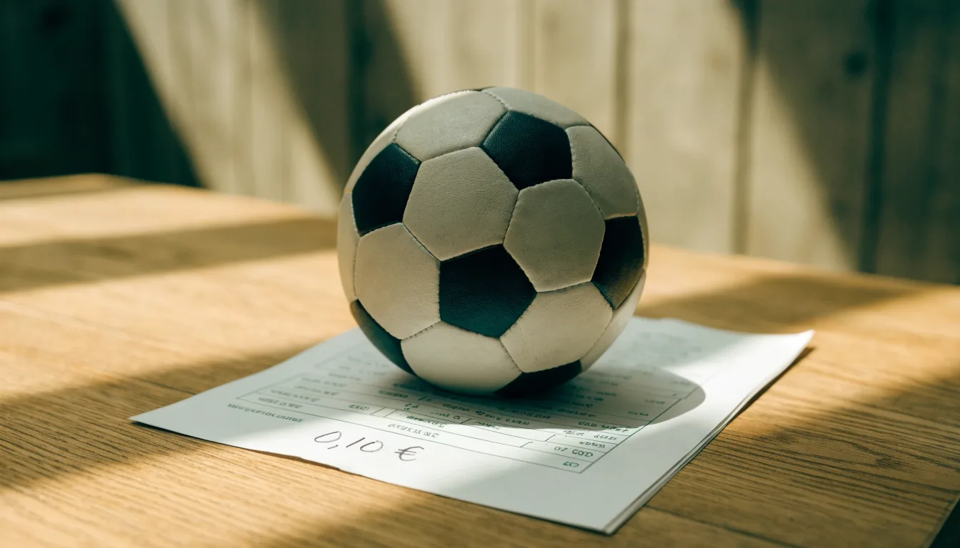 Uma bola de futebol pousada sobre um talão de apostas em branco numa mesa de madeira, à luz do dia