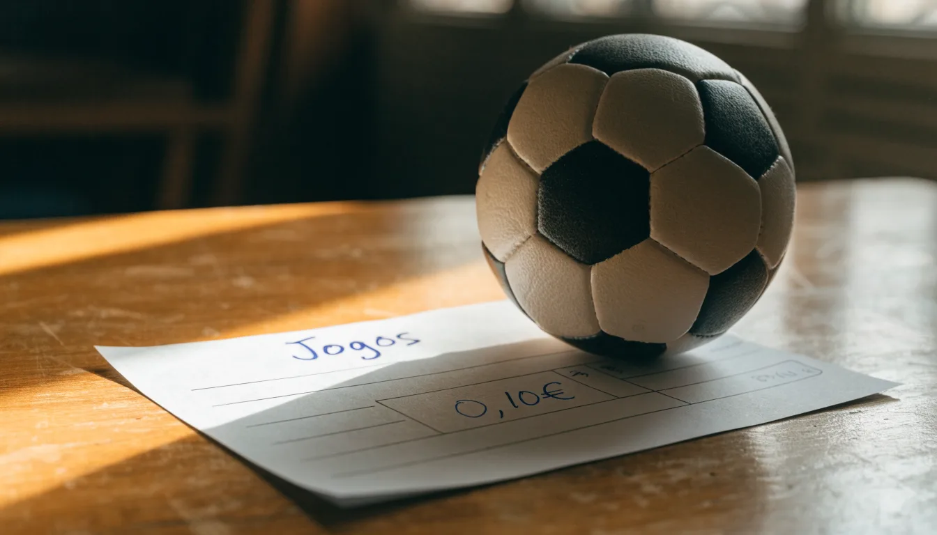 Uma bola de futebol pousada sobre um talão de apostas em branco numa mesa de madeira, à luz do dia