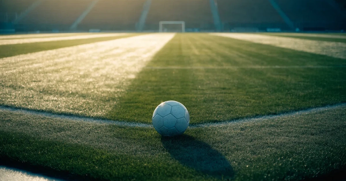 Uma bola de futebol no ponto central de um relvado, à luz da manhã
