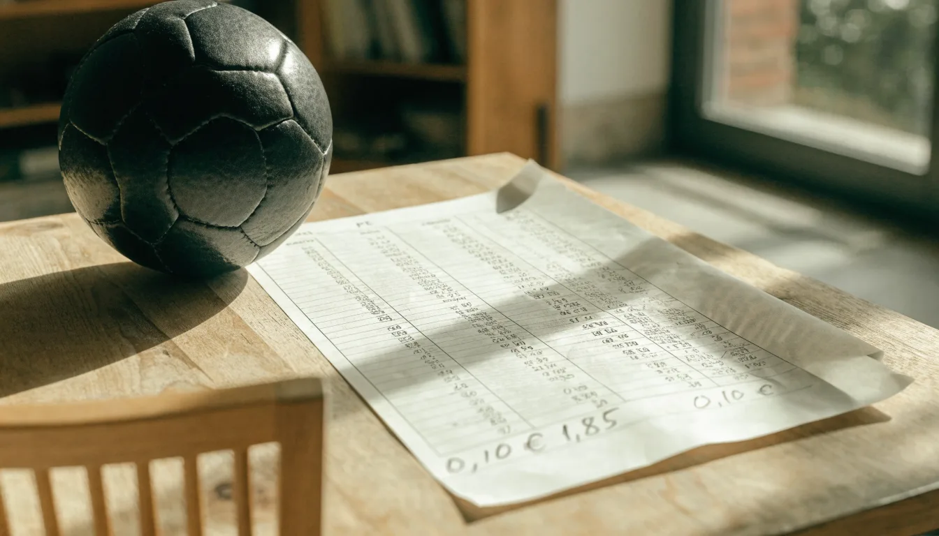 Uma bola de futebol pousada sobre um talão de apostas em branco numa mesa de madeira, à luz do dia