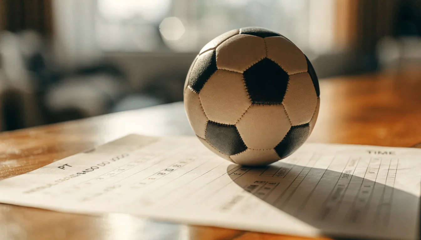 Uma bola de futebol pousada sobre um talão de apostas em branco numa mesa de madeira, à luz do dia