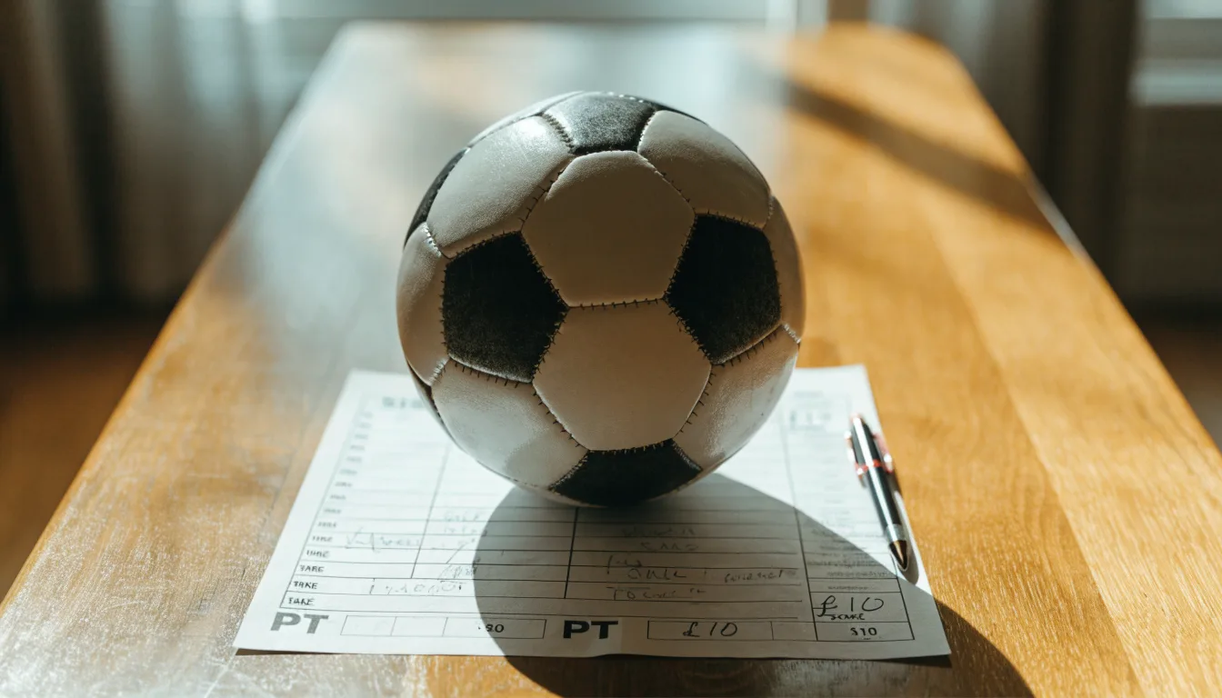 Uma bola de futebol pousada sobre um talão de apostas em branco numa mesa de madeira, à luz do dia