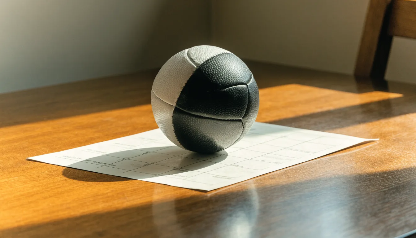 Uma bola de futebol pousada sobre um talão de apostas em branco numa mesa de madeira, à luz do dia